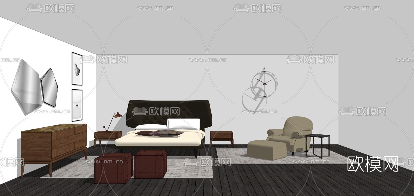 现代双人床组合su模型下载