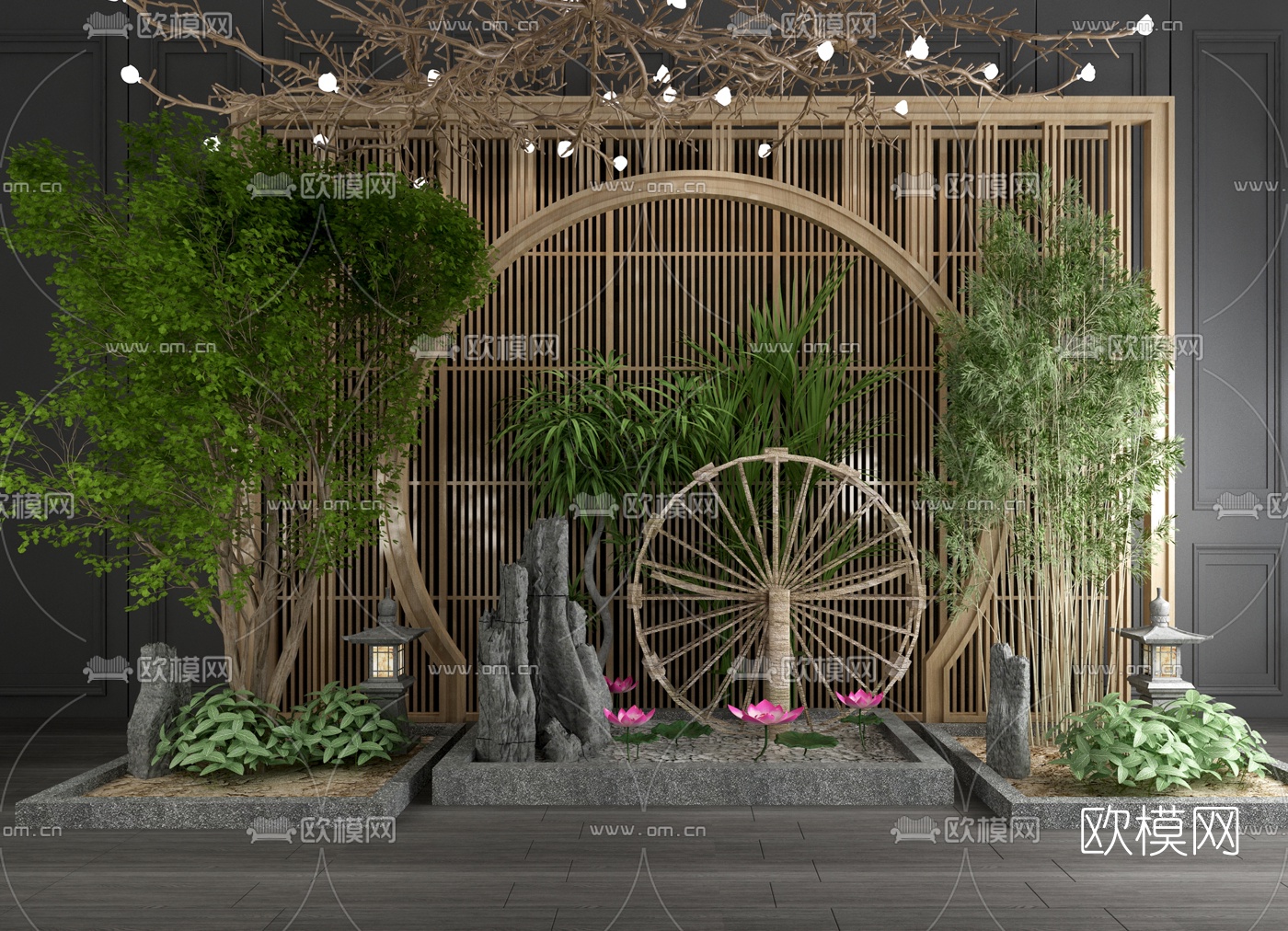 新中式树木假山园艺小品3d模型下载