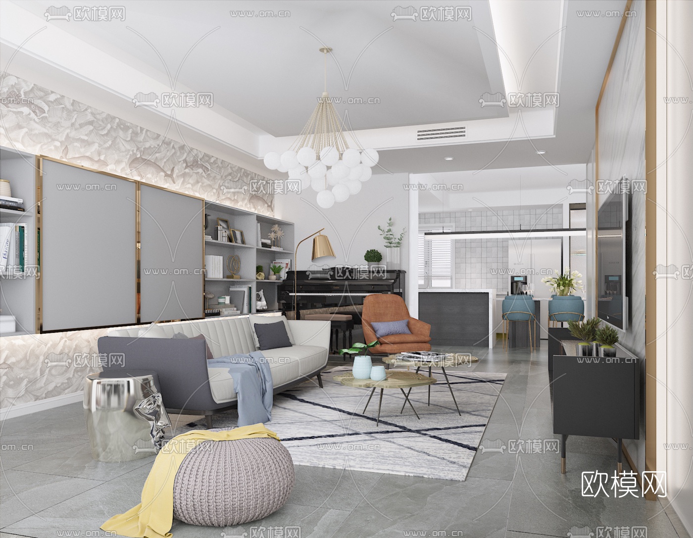 现代客厅餐厅门厅3D模型