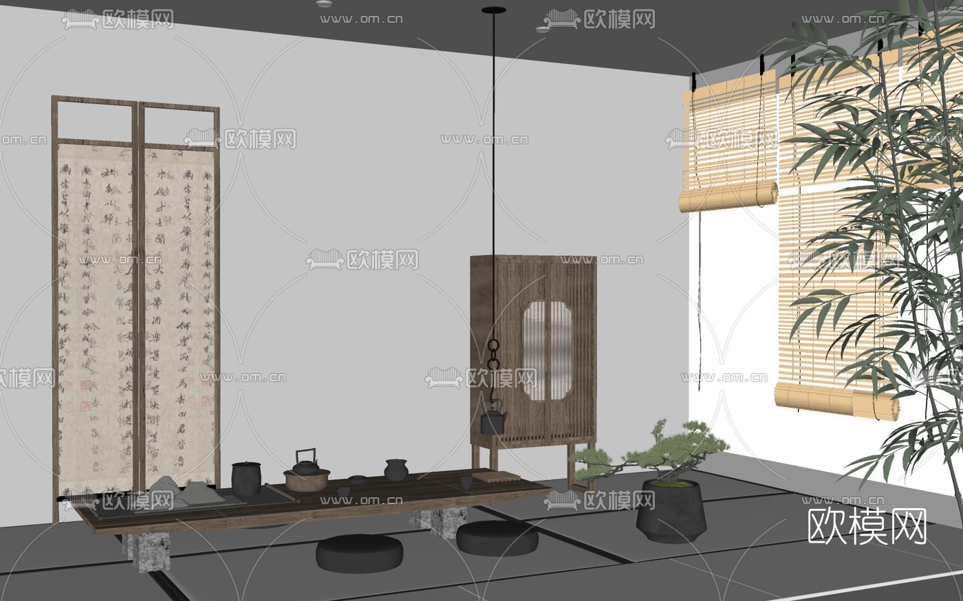 中式实木茶桌椅su模型下载（渲染图2）