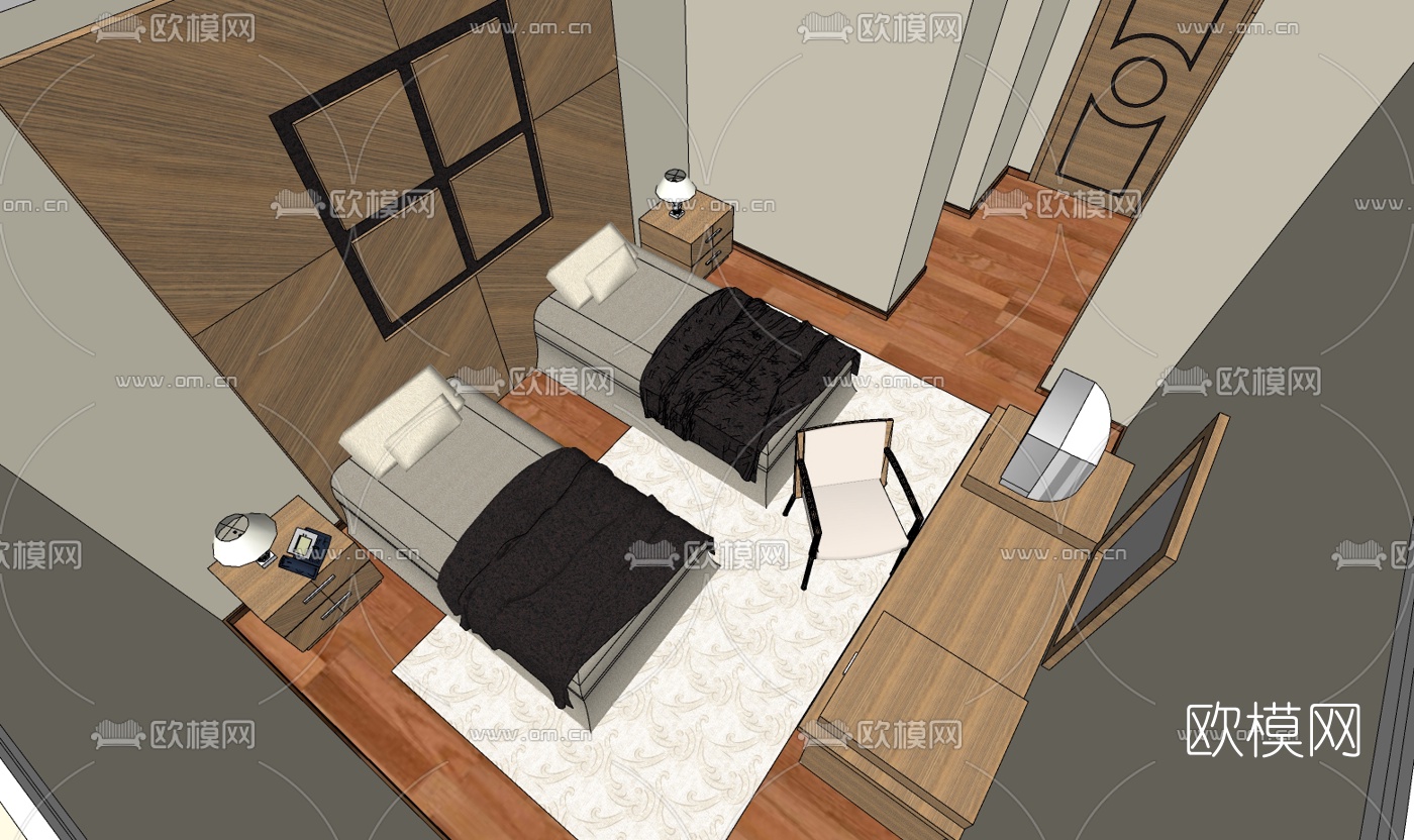 新中式酒店双人房免费su模型下载（渲染图1）