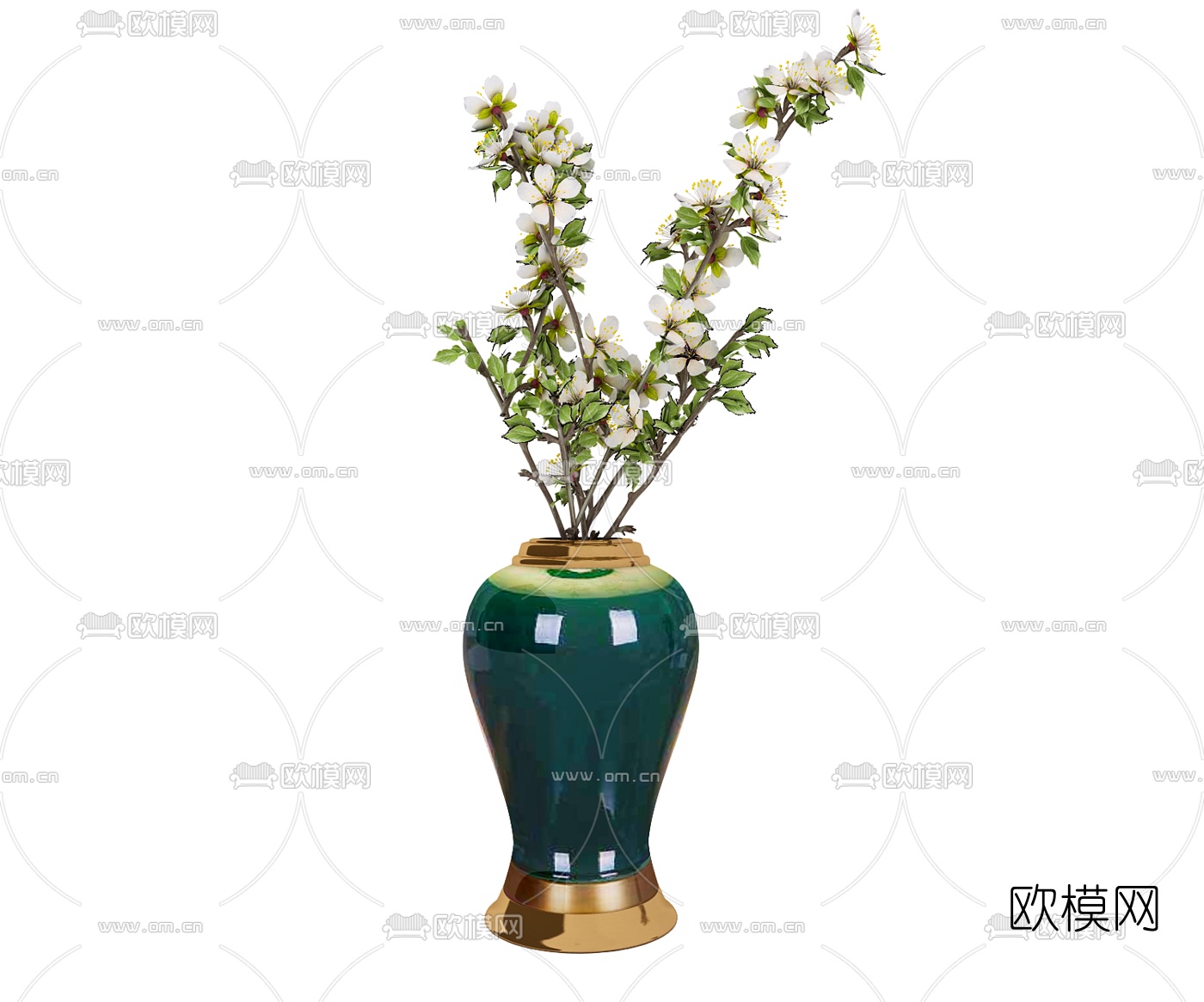 中式陶瓷玻璃花瓶插花组合3D模型下载（渲染图2）