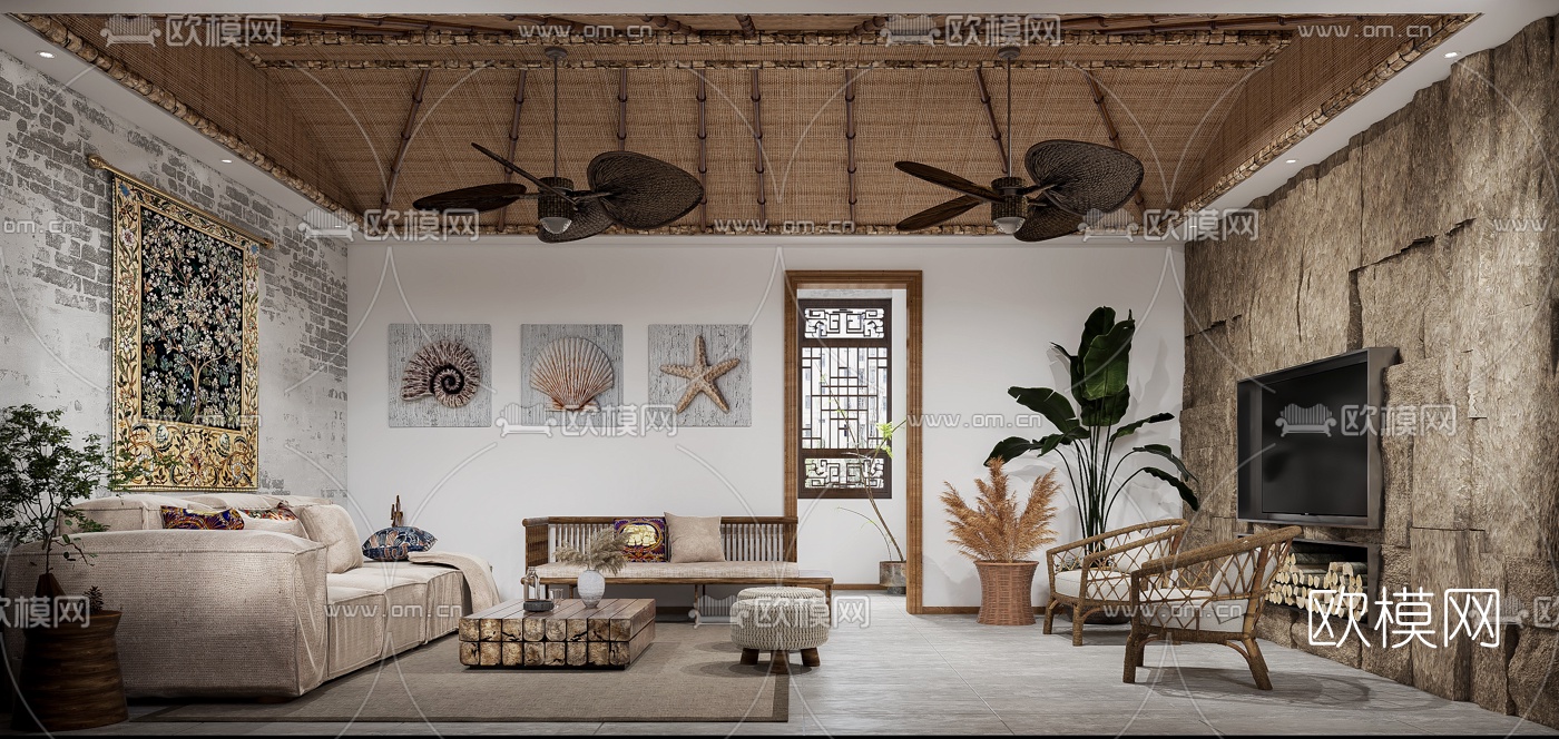 自然风民宿客餐厅3d模型下载（渲染图2）