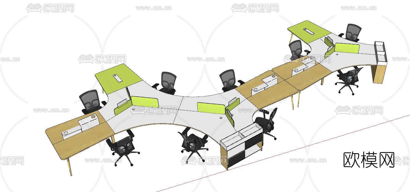 现代卡座办公桌椅组合su模型下载（渲染图2）