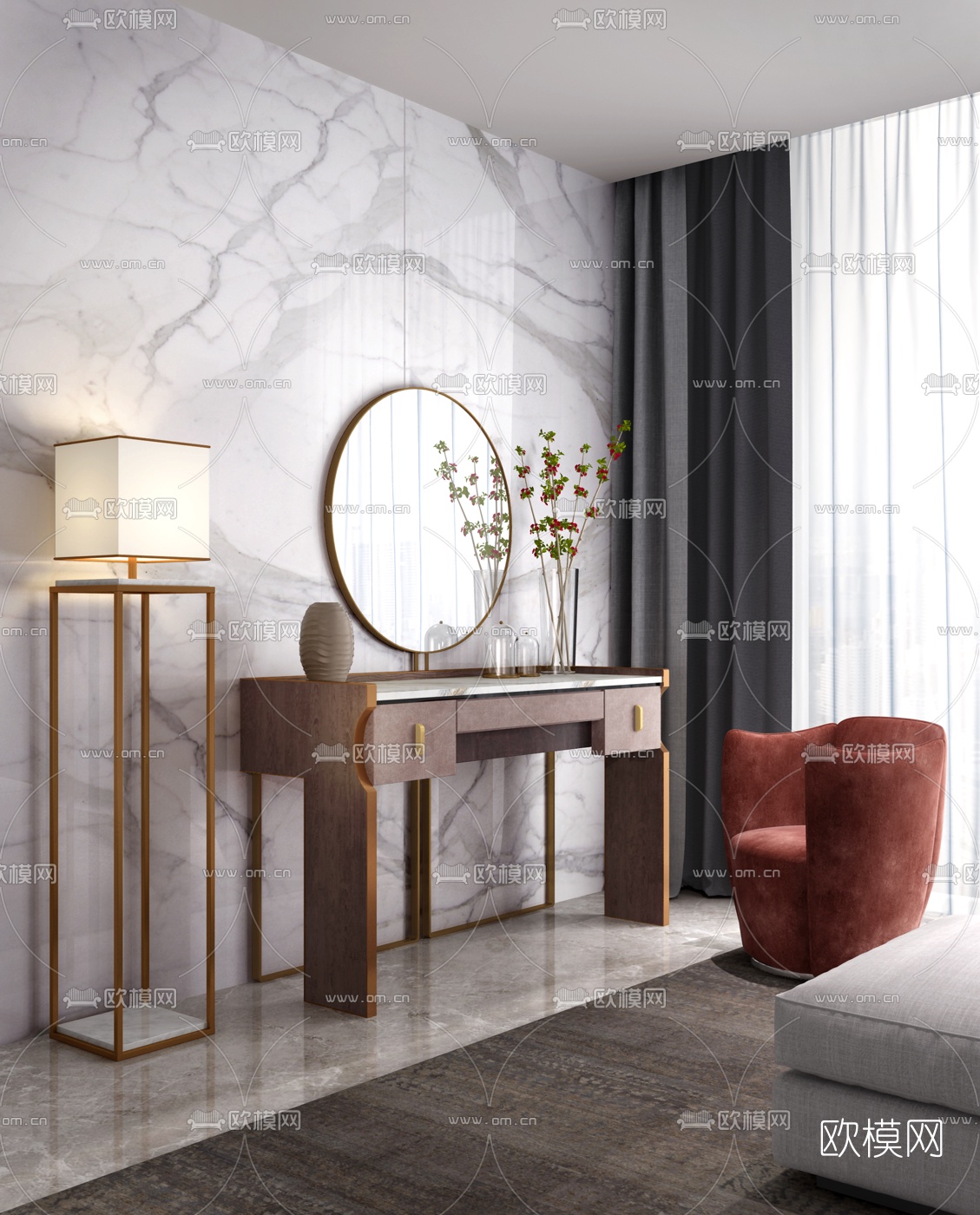 意大利Capital品牌 现代实木梳妆台3d模型下载（渲染图1）