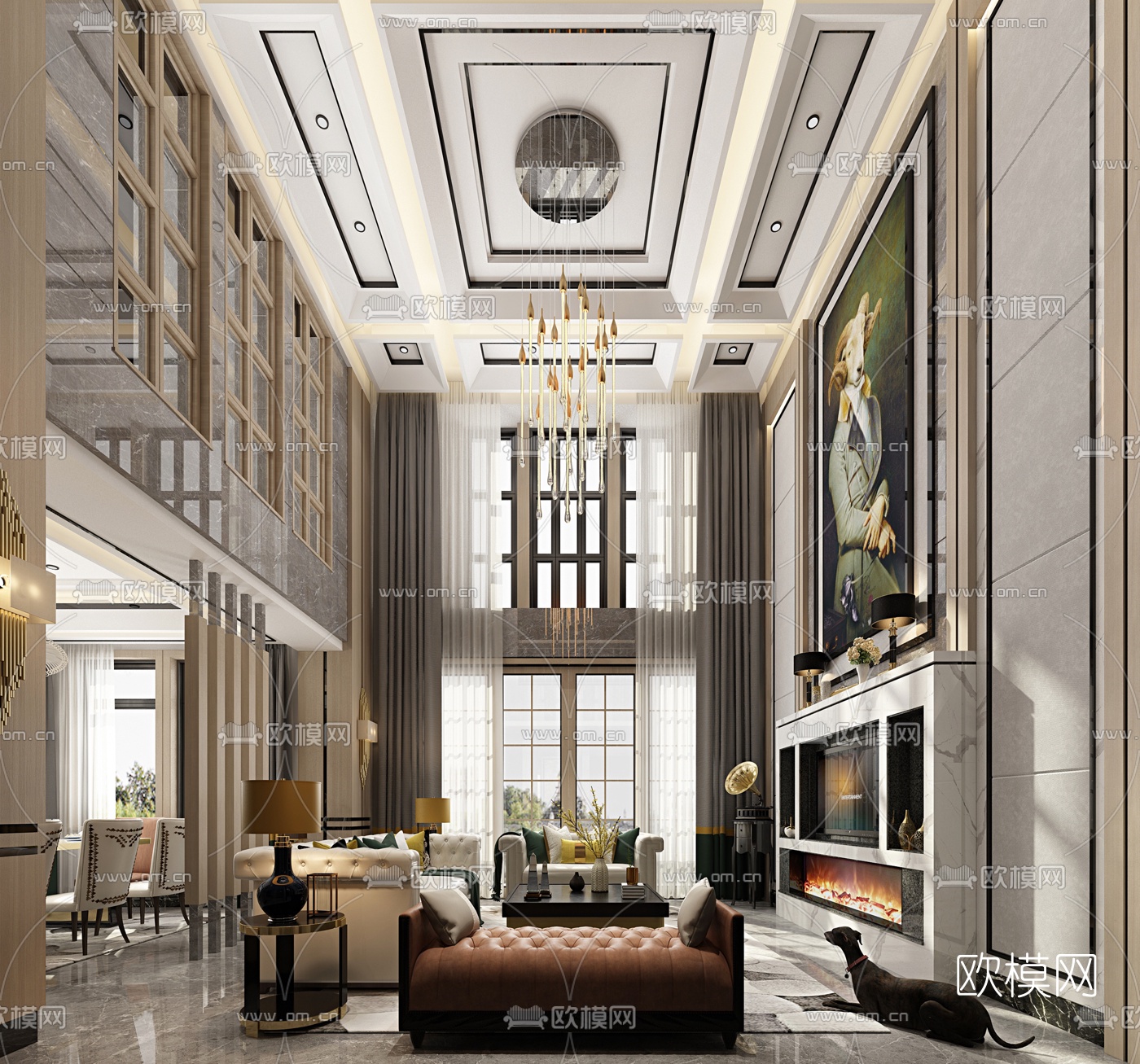 新古典别墅客厅餐厅3D模型下载（渲染图1）