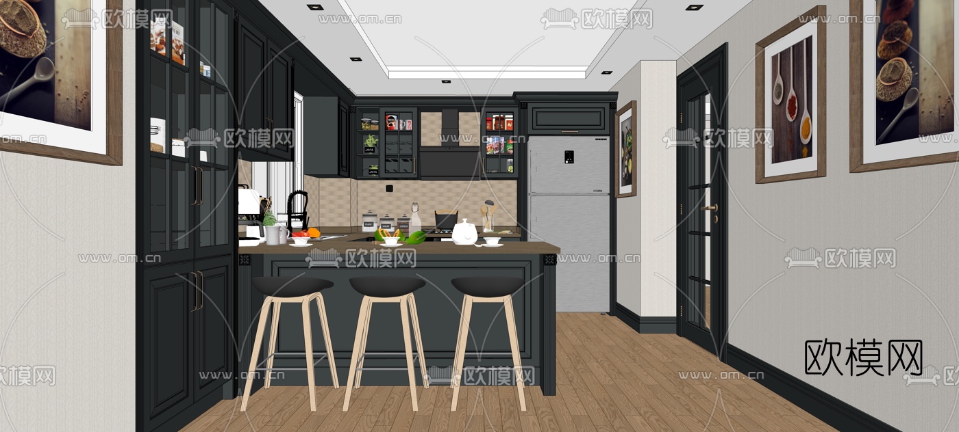 美式开放式厨房su模型下载
