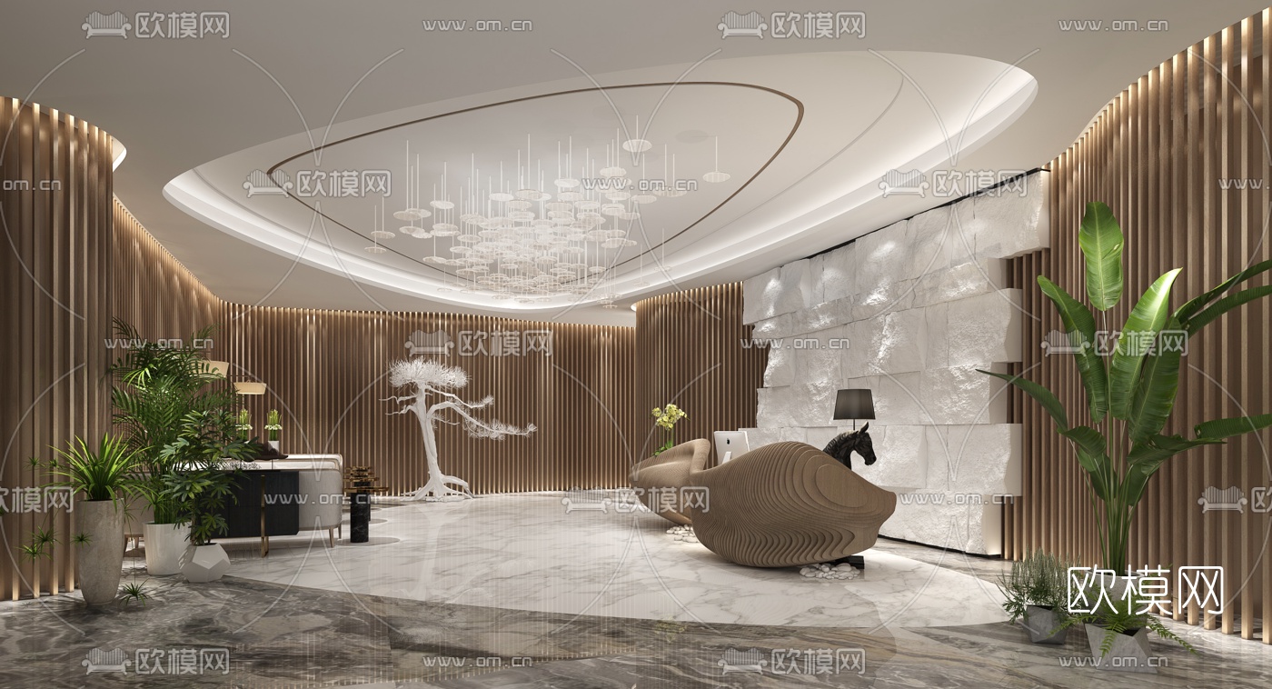 新中式办公大堂前台3d模型