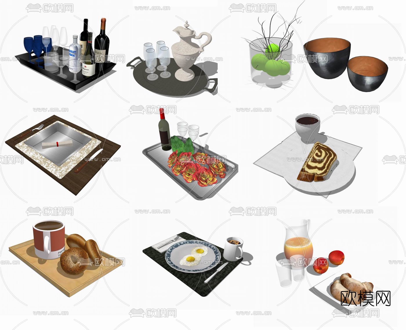 现代餐具酒水食品组合su模型下载（渲染图2）