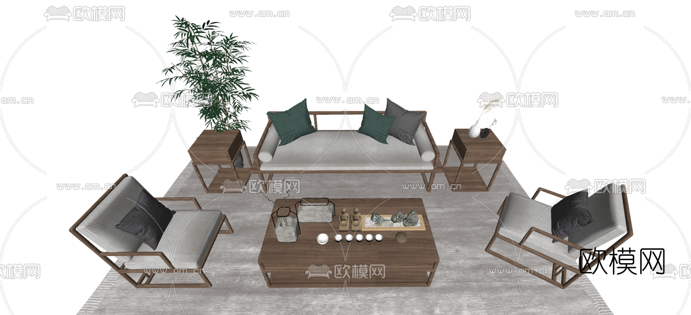 新中式布艺沙发组合su模型下载（渲染图3）
