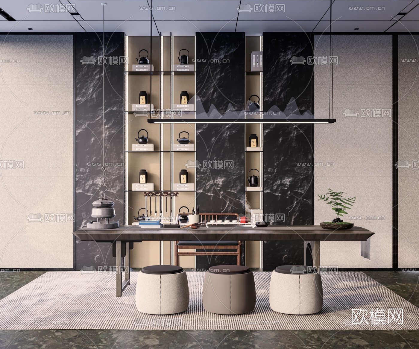 新中式茶室书房su模型下载（渲染图1）