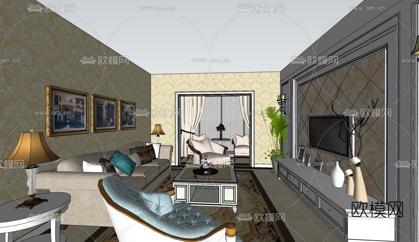 欧式客餐厅su模型下载（渲染图1）