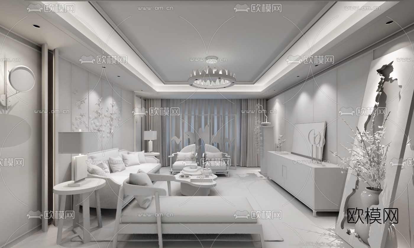 伊派设计 新中式客厅3d模型下载（渲染图3）