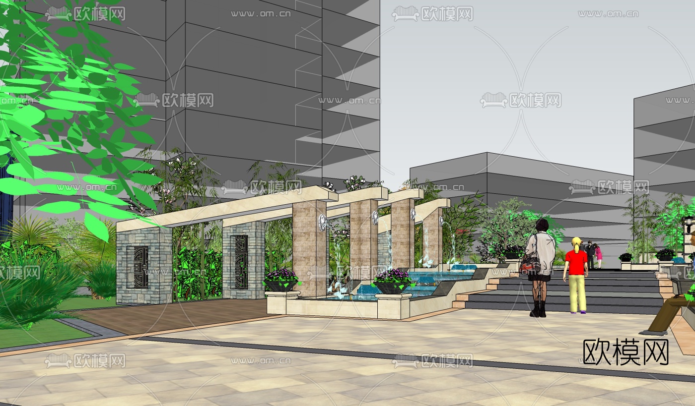 中式广场景观su模型下载（渲染图1）
