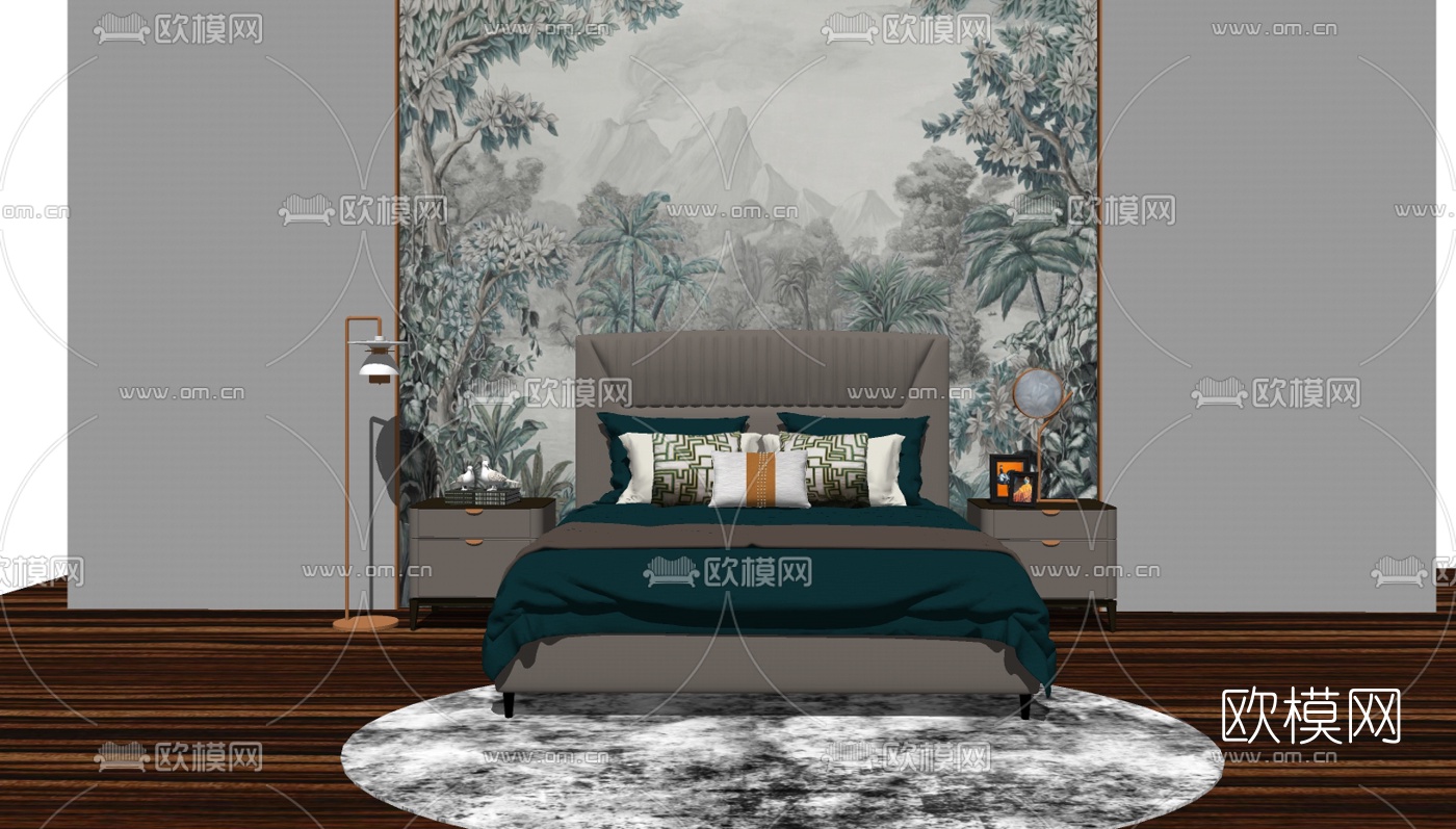 新中式双人床组合su模型下载（渲染图2）