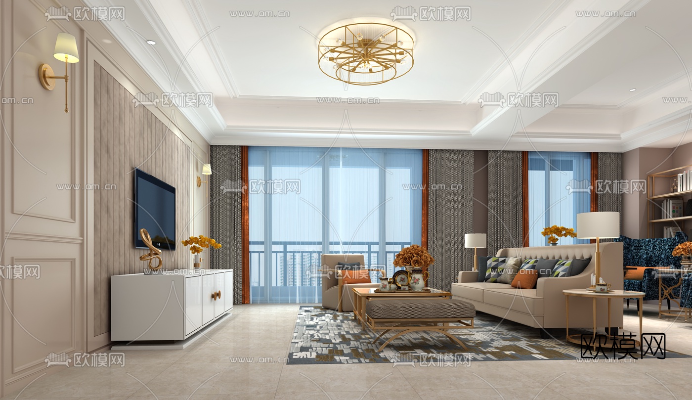 观致装饰设计 简欧轻奢客厅3d模型下载