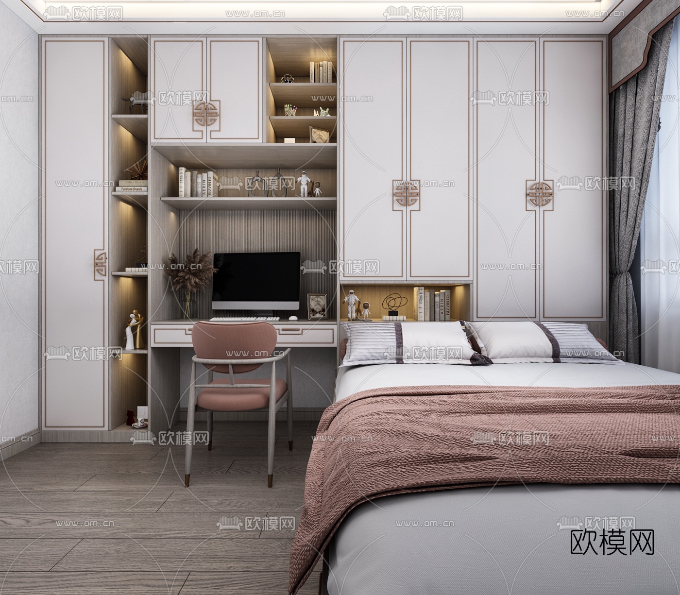 新中式榻榻米卧室3d模型下载（渲染图2）