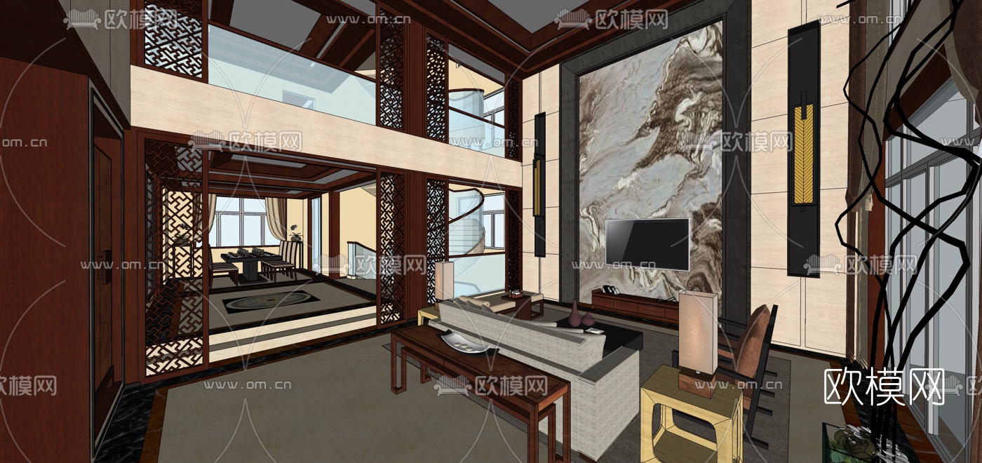 新中式别墅大堂餐厅su模型下载（渲染图1）
