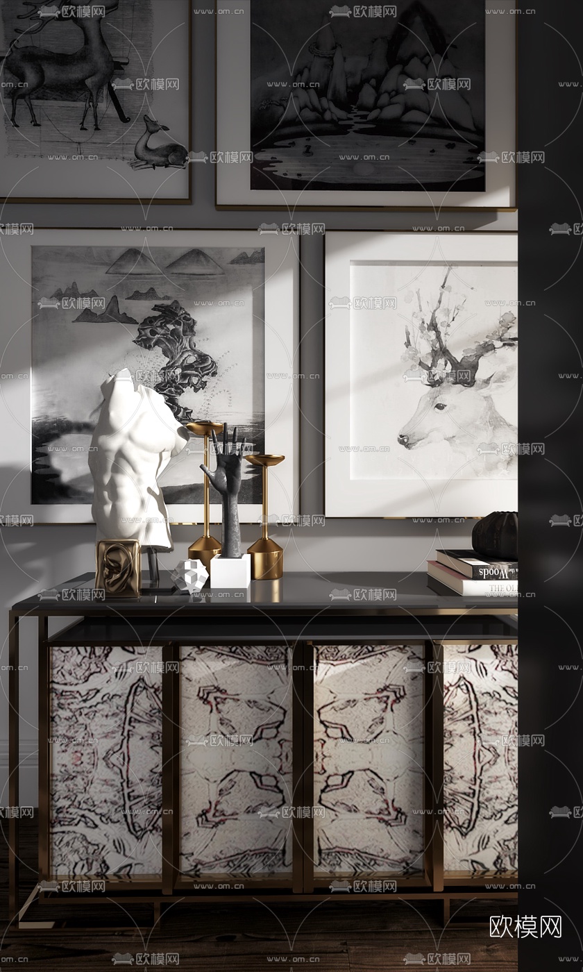 布鲁盟新中式端景柜摆件3D模型下载（渲染图1）