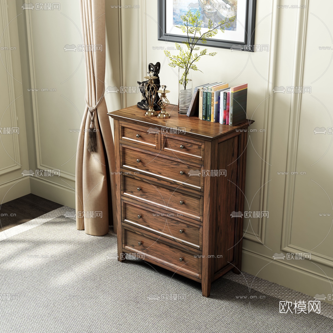 美式实木边柜斗柜3d模型下载（渲染图3）
