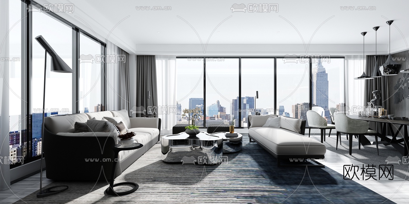 现代高级灰客厅餐厅3d模型下载（渲染图4）