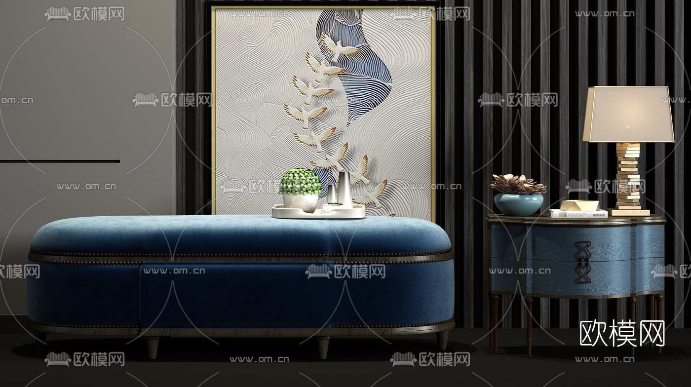 简欧实木绒布床尾凳3d模型下载