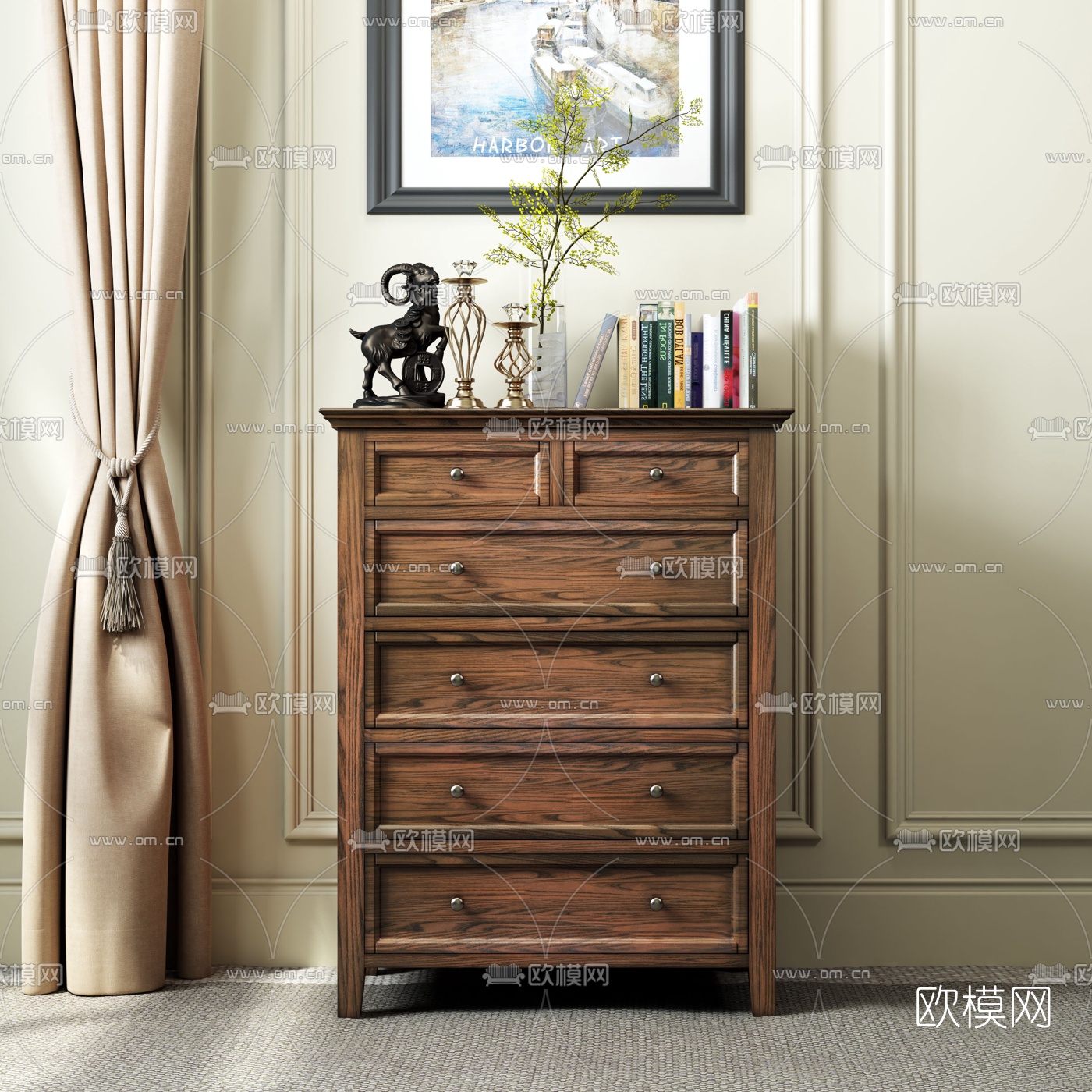 美式实木边柜斗柜3d模型下载（渲染图1）