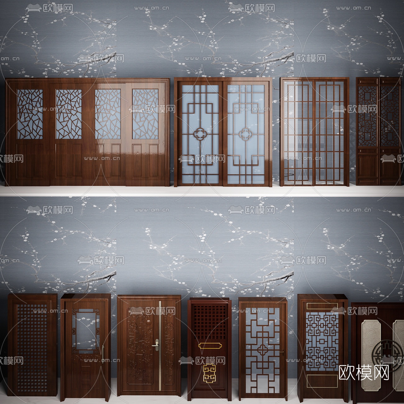 中式实木单开门双开门组合3D模型