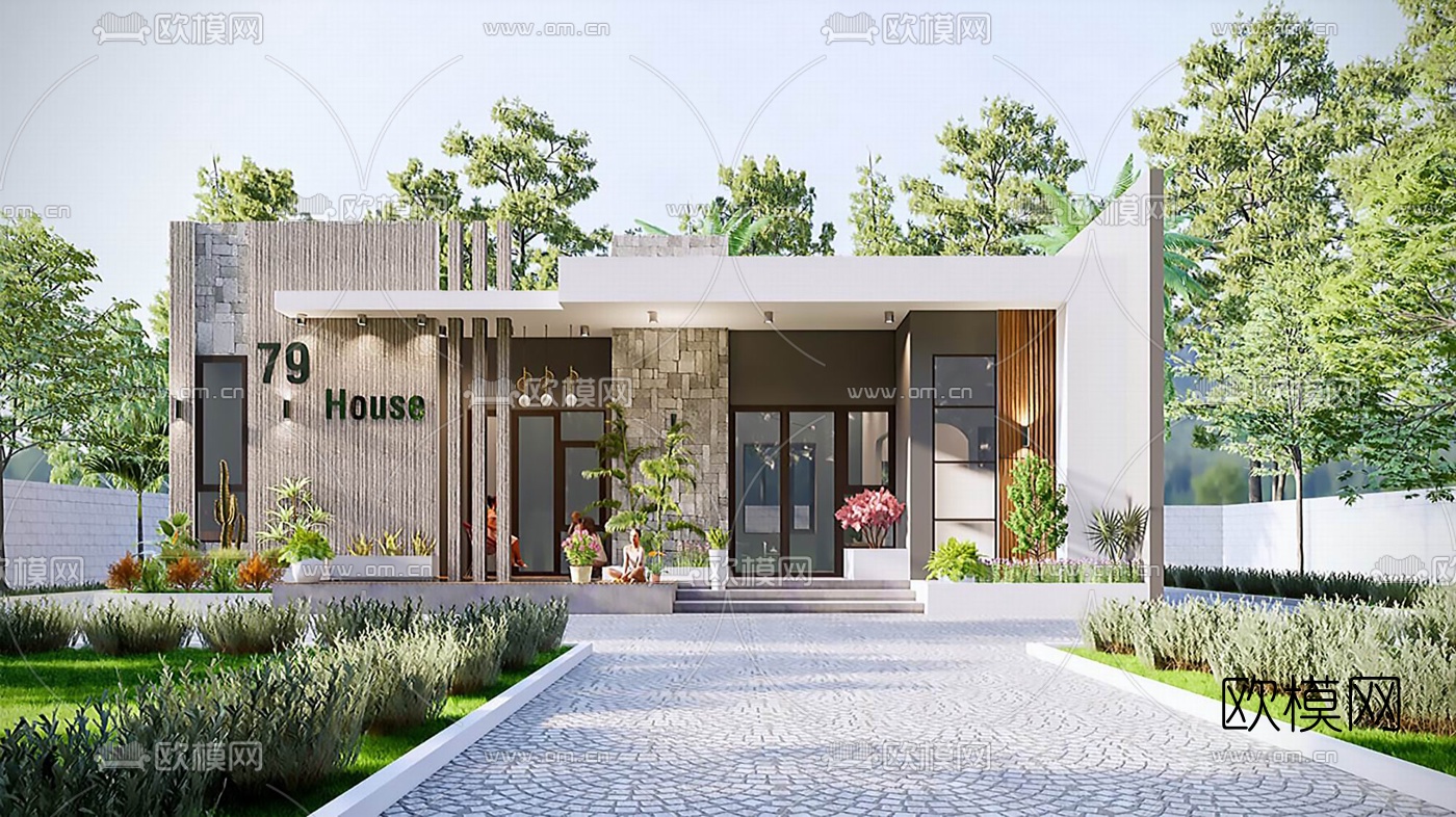 现代独栋别墅外观su模型下载（渲染图1）
