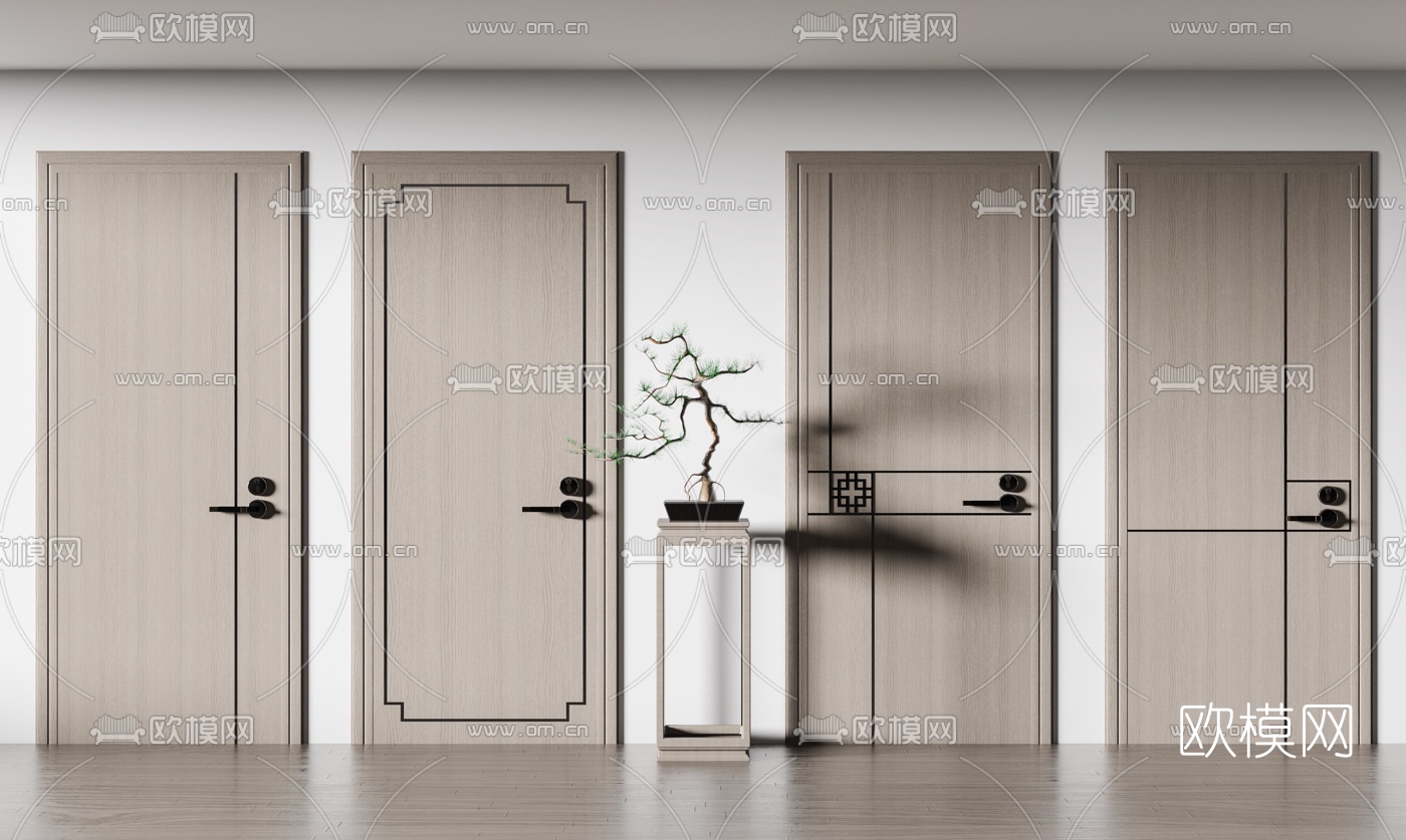 新中式房门单开门3d模型下载