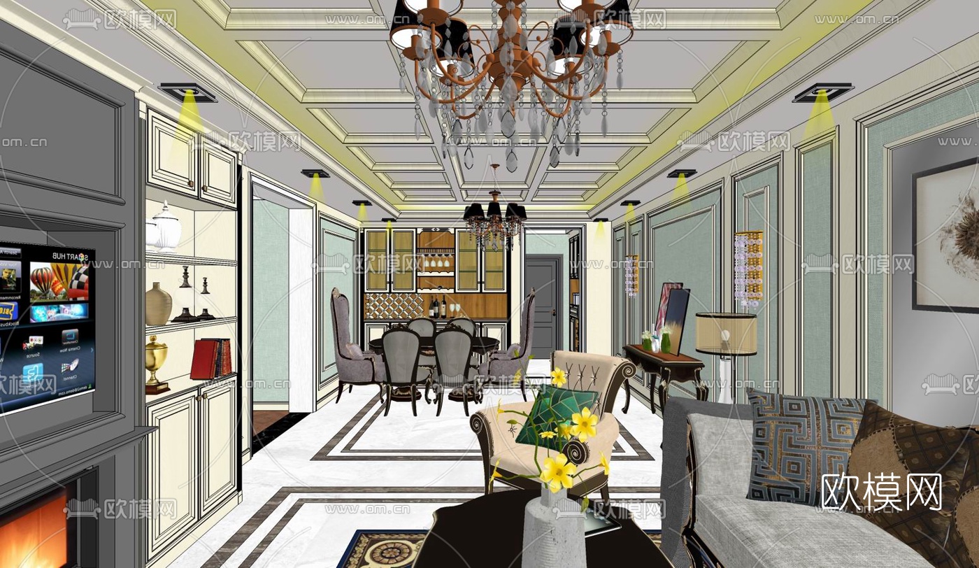 欧式客餐厅su模型下载（渲染图5）