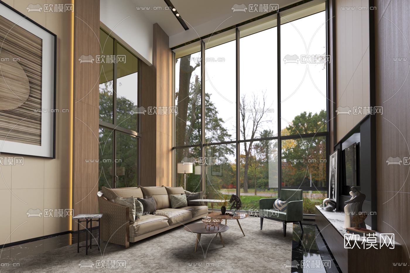 布鲁盟设计 现代别墅客厅3d模型下载