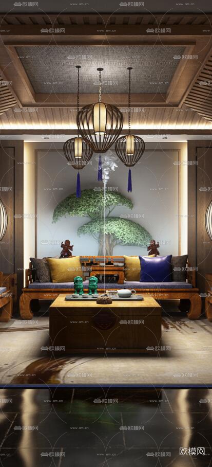新中式奢华会客室3d模型下载（渲染图4）