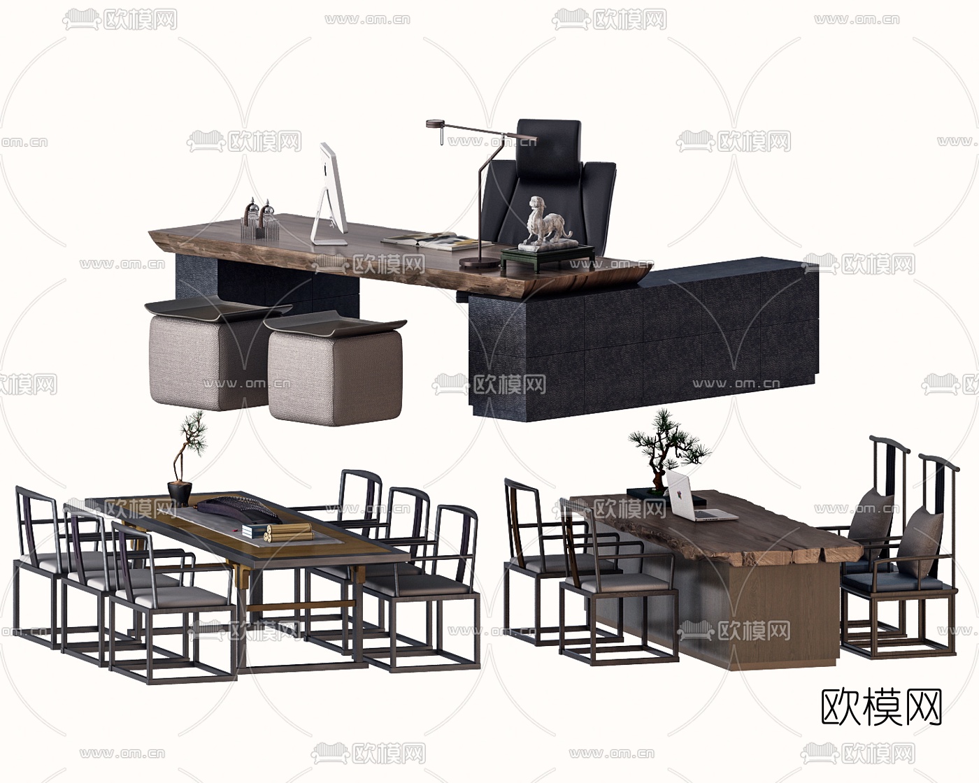 中式实木班台桌办公桌3d模型