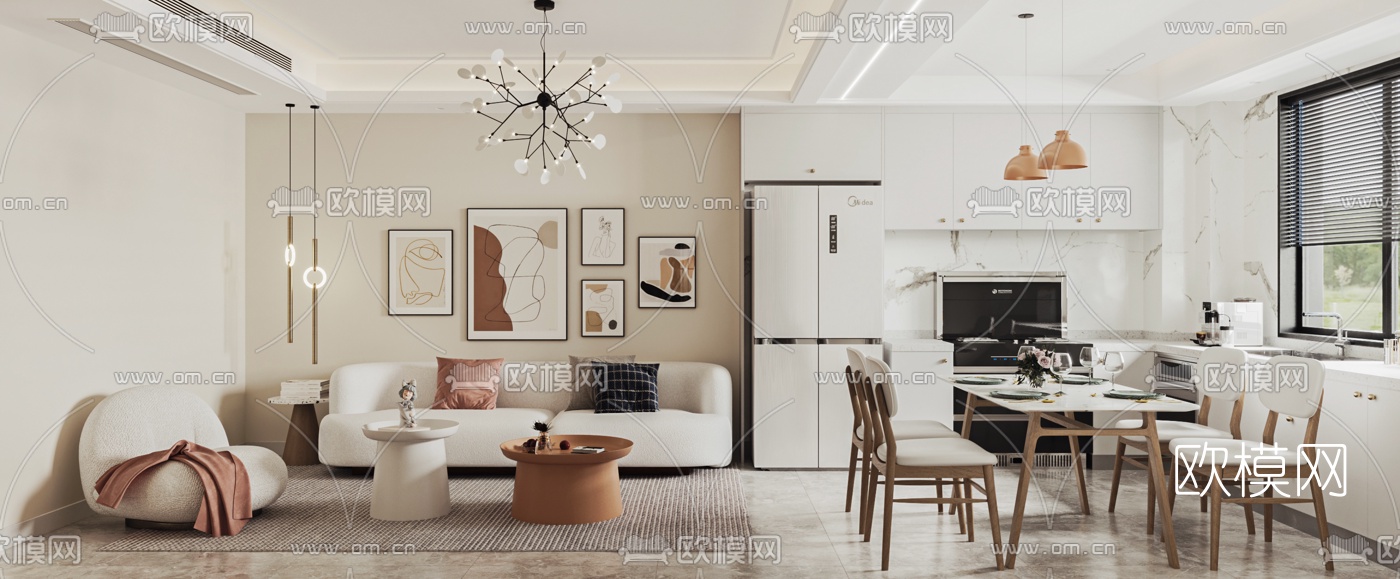 北欧客厅餐厅3d模型下载（渲染图1）