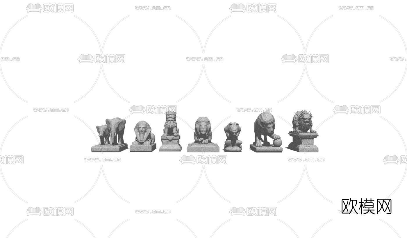 中式石狮子麒麟雕塑组合su模型下载（渲染图2）