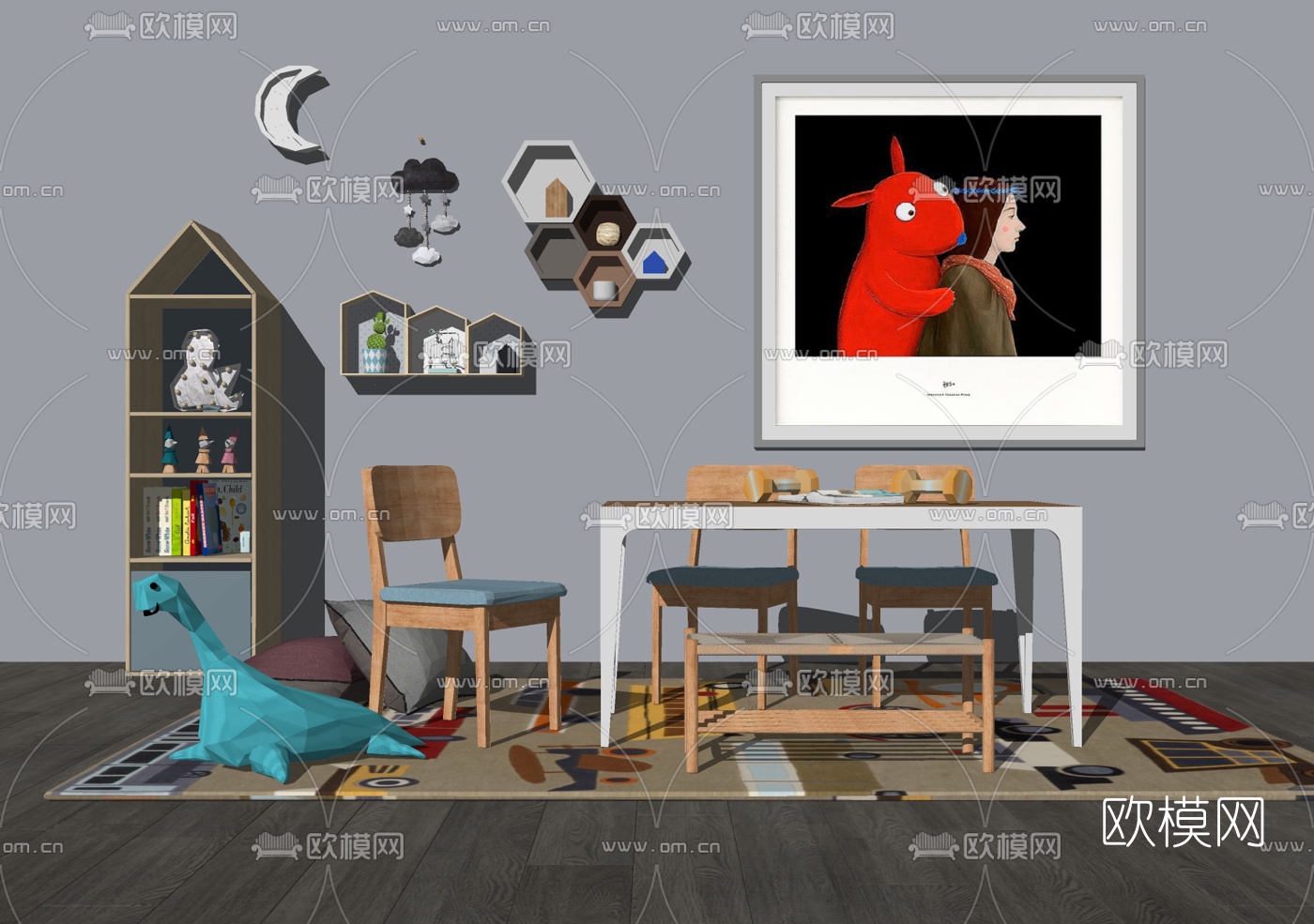 现代实木儿童桌椅su模型下载