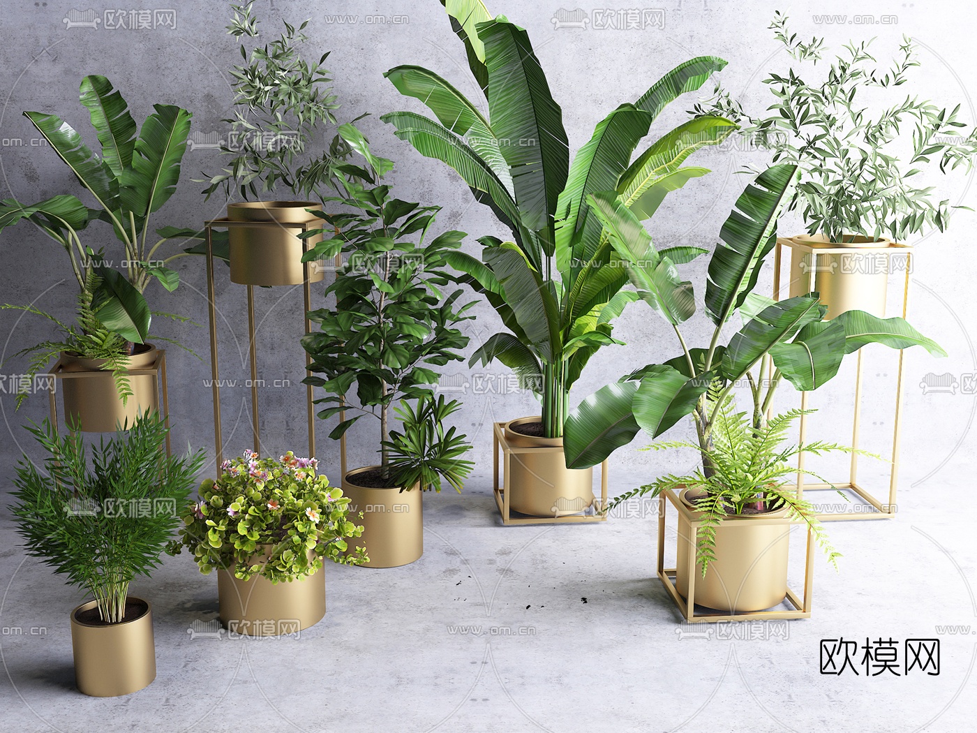 现代金属植物盆栽3d模型下载