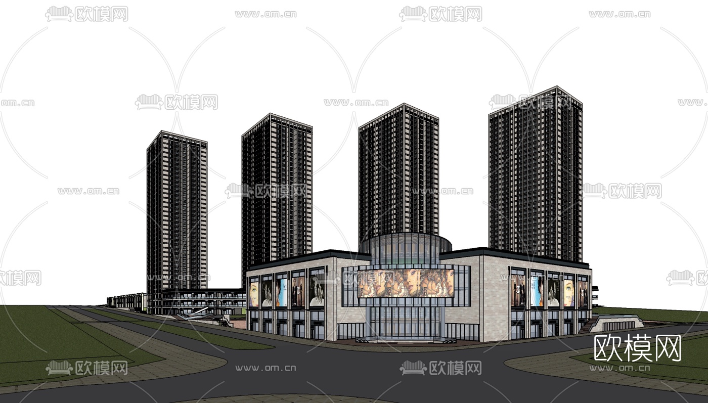 现代商业街su模型下载（渲染图2）