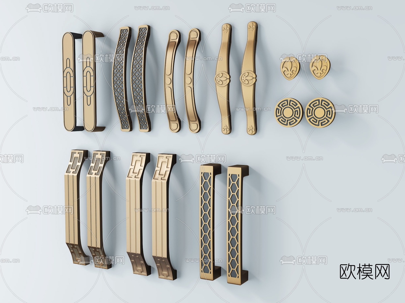 新中式金属拉手组合3D模型下载（渲染图2）
