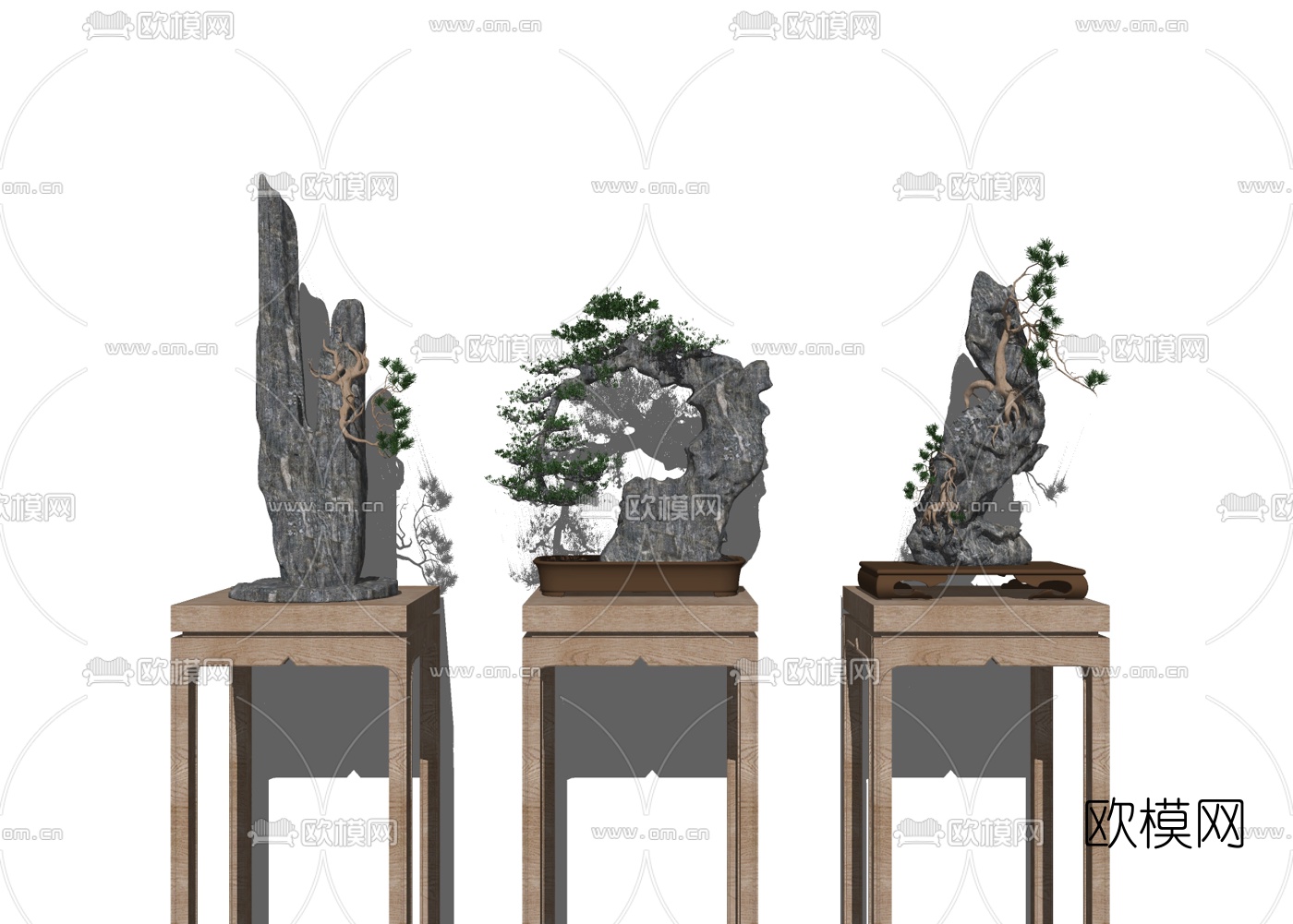 新中式假山松树盆栽su模型下载