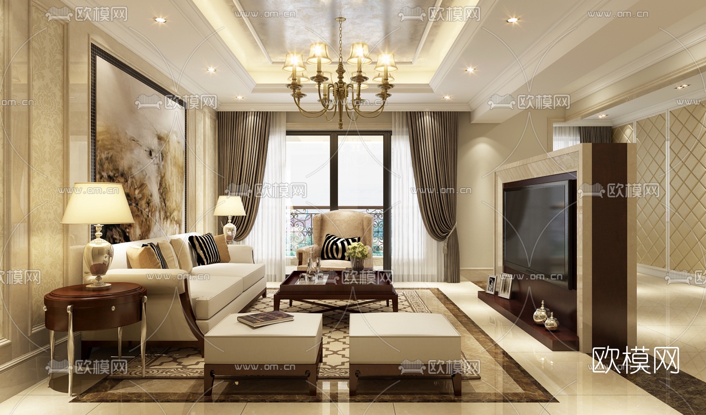 欧式客厅空间3D模型下载