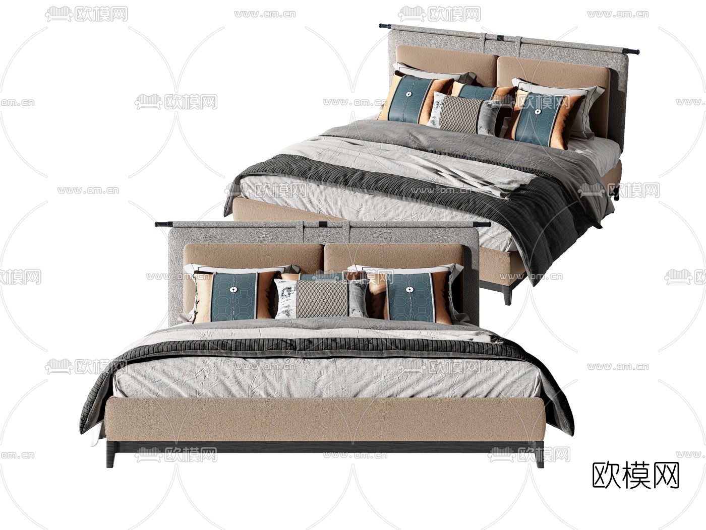 新中式布艺双人床3d模型下载