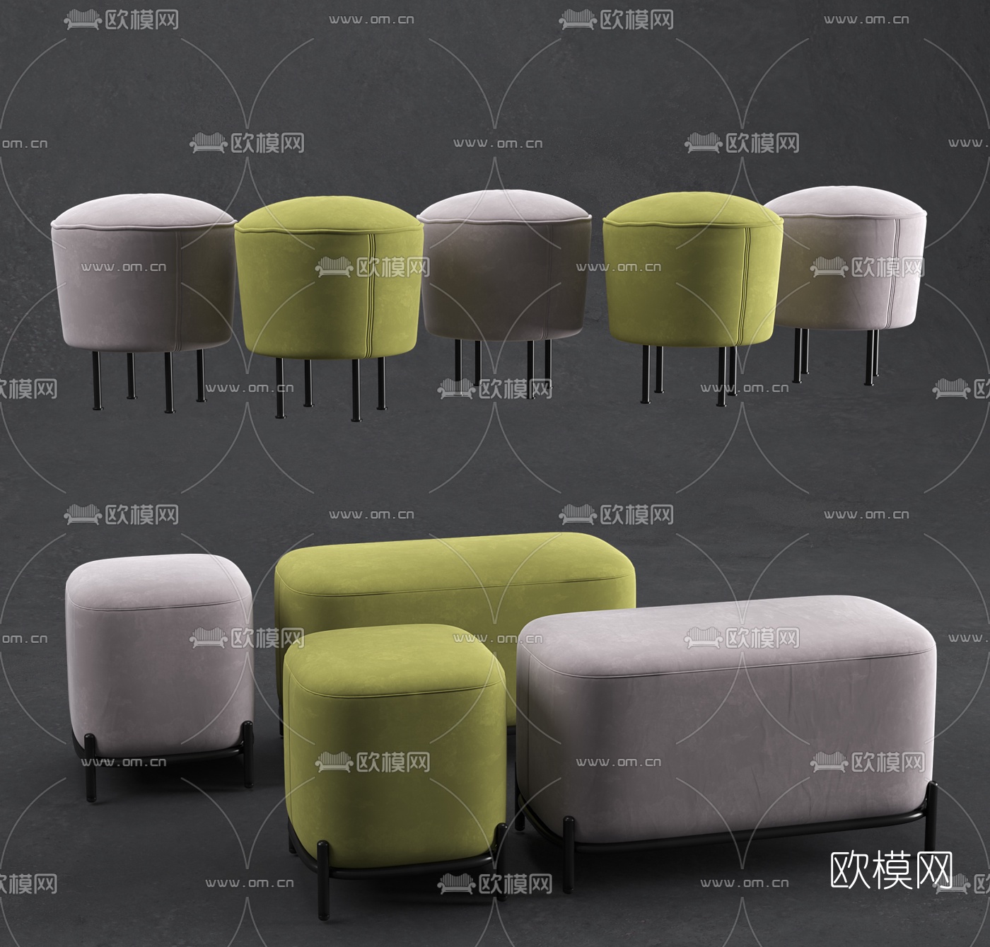 现代绒布凳子组合模型下载（渲染图3）