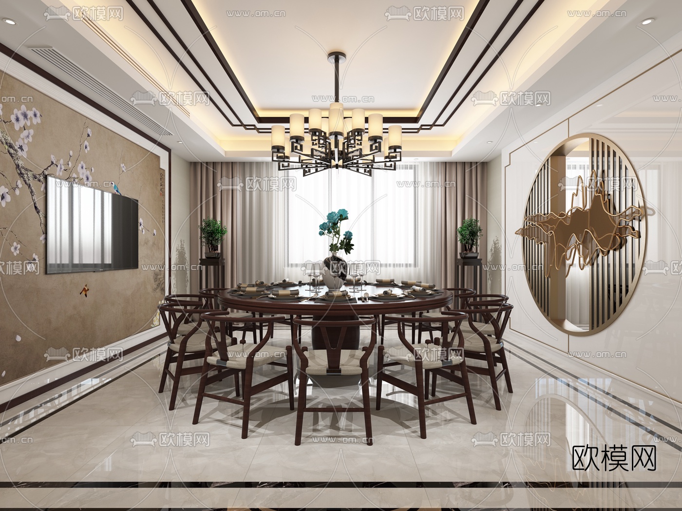 新中式餐厅包房免费3d模型-免费3dmax模型库-欧模网