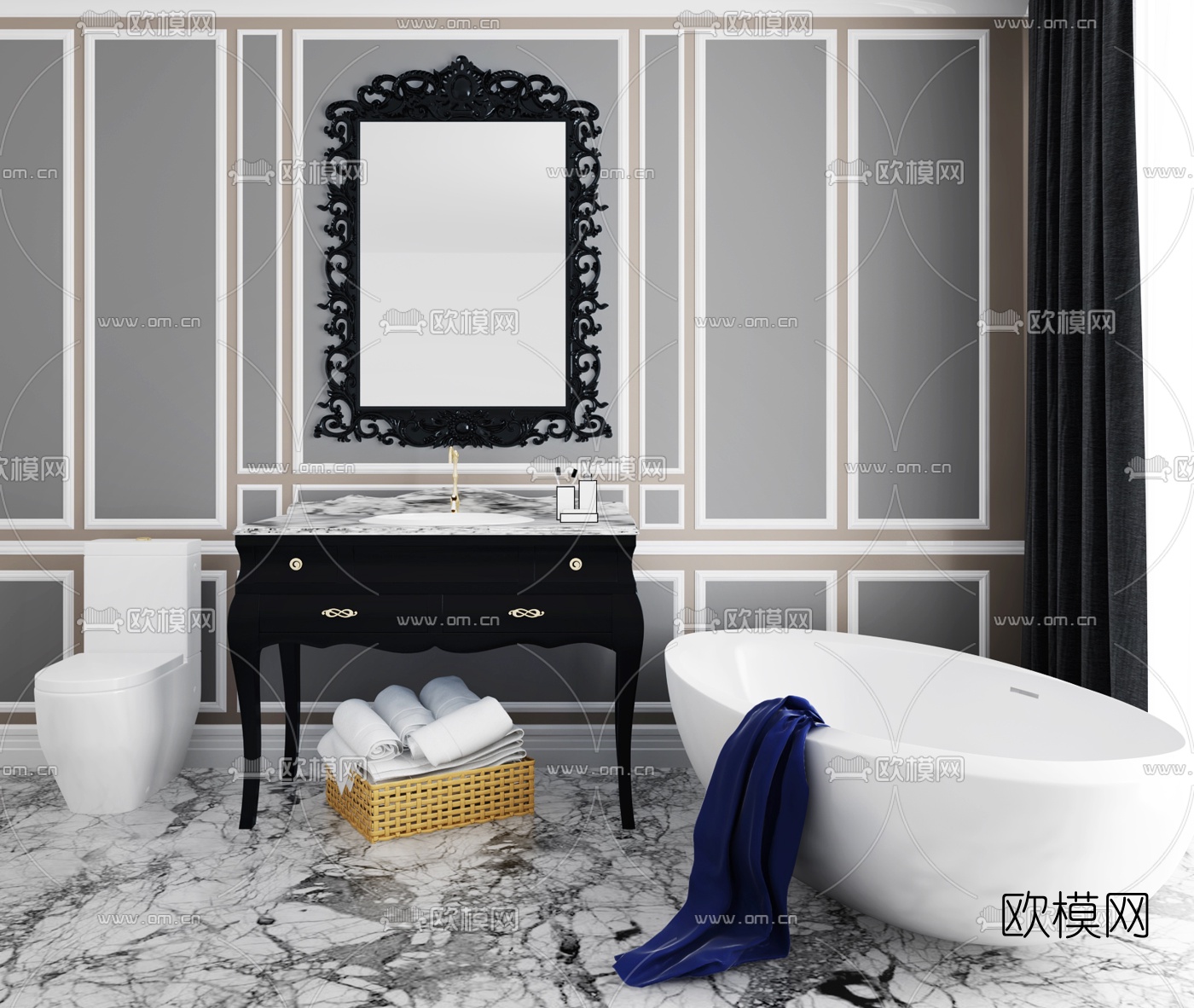 后现代浴缸马桶毛巾柜架组合3D模型下载