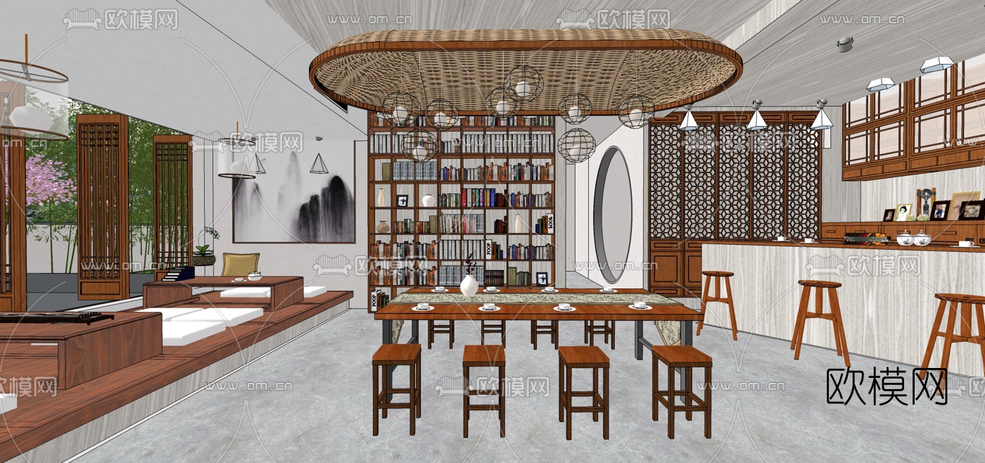 中式会所餐厅su模型下载（渲染图2）