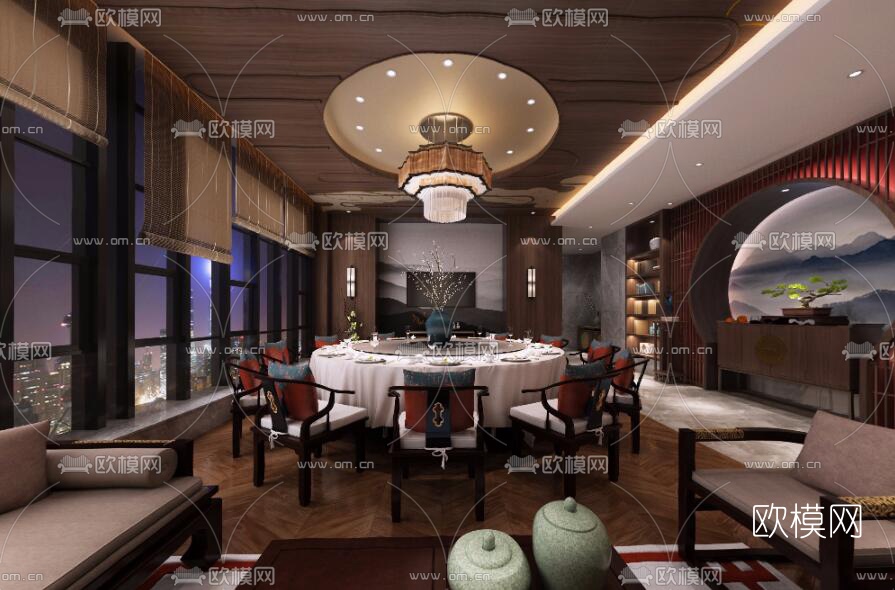 新中式酒店餐饮包房全景3D模型下载_ID10174545_3dmax免费模型-欧模网