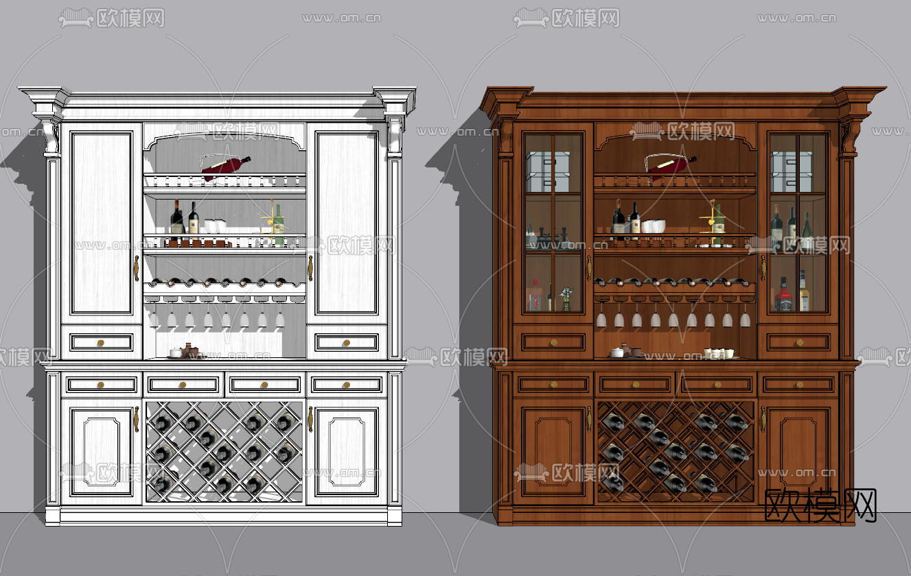 欧式实木酒柜su模型下载