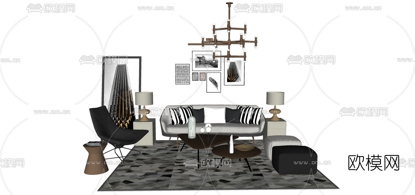 北欧沙发组合su模型下载（渲染图1）